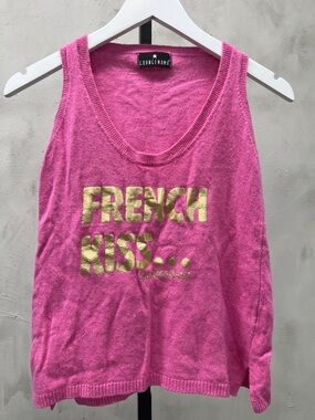 Grungemama Knit Pink Sleeveless Sweater with Gold 'FRENCH KISS' Print
